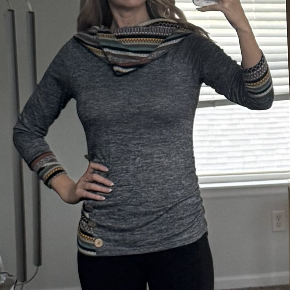 Boho Hooded Tunic Top | Gray Knit w/ Patterned Trim & Button Detail